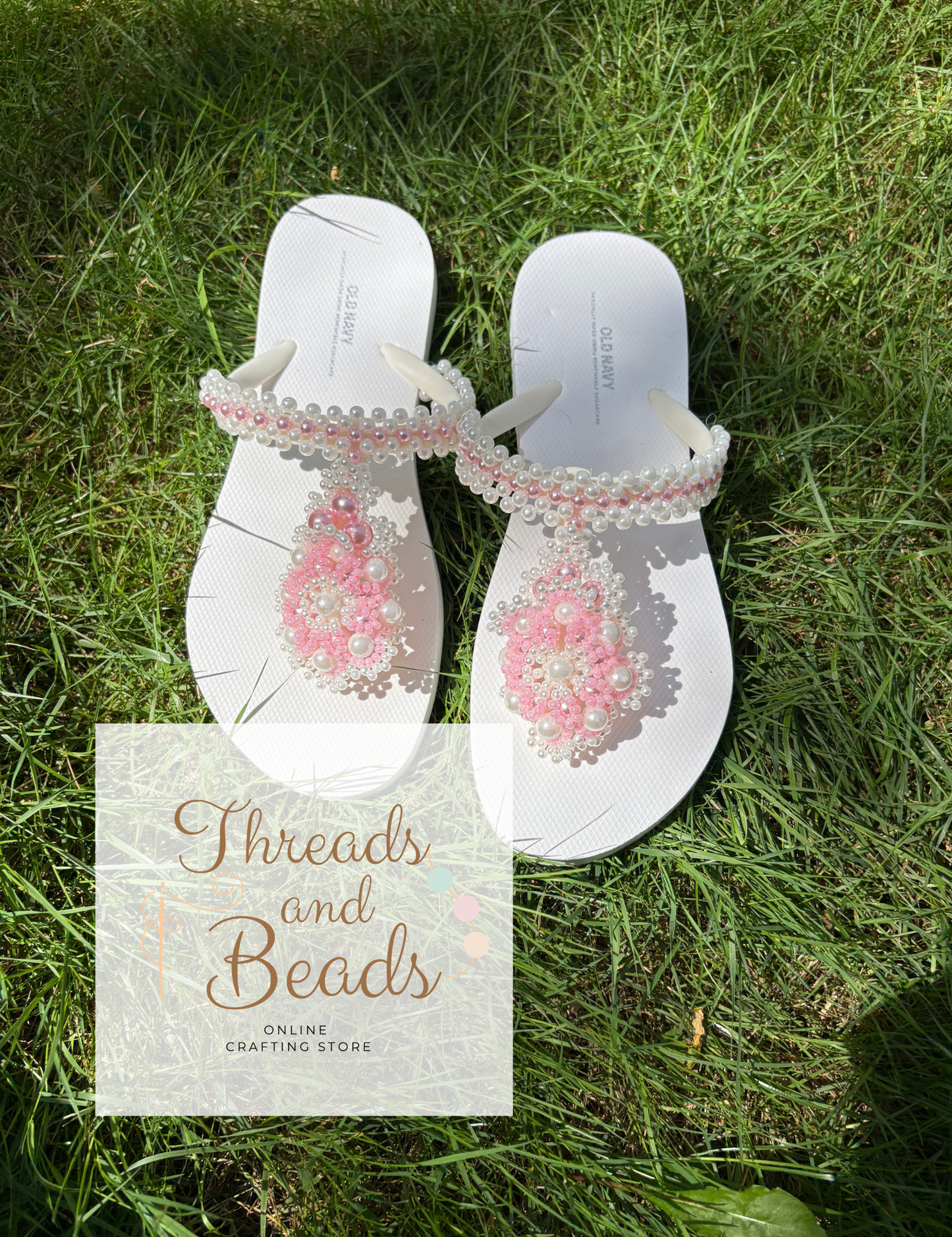 Handmade Beaded Flip-Flops – Elegant Pearl & Pink Floral Design