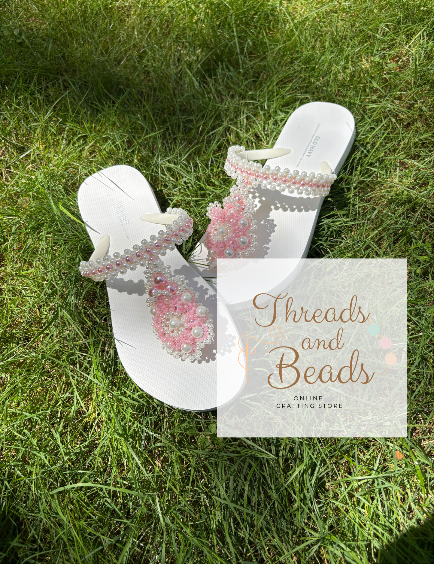 Handmade Beaded Flip-Flops – Elegant Pearl & Pink Floral Design