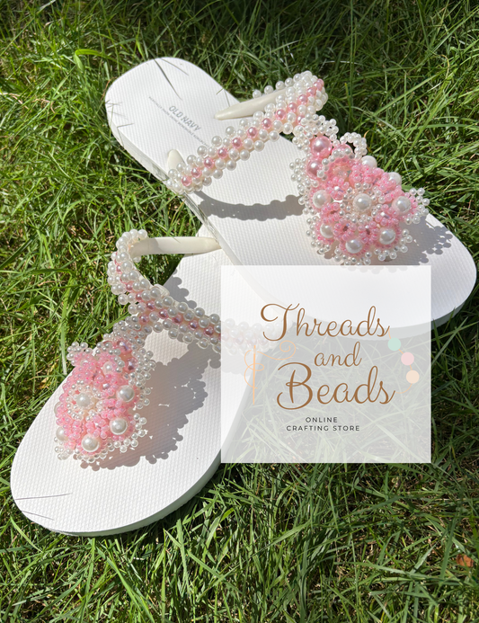 Handmade Beaded Flip-Flops – Elegant Pearl & Pink Floral Design